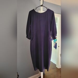 Women’s Navy Blue Midi Dress w Pockets Balloon Sleeves (Size 8)